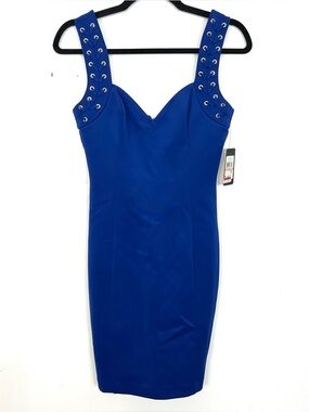 NWT Guess Cobalt Blue Fitted Dress Bodycon‎ Lace Up Straps Accent 2 XS mc